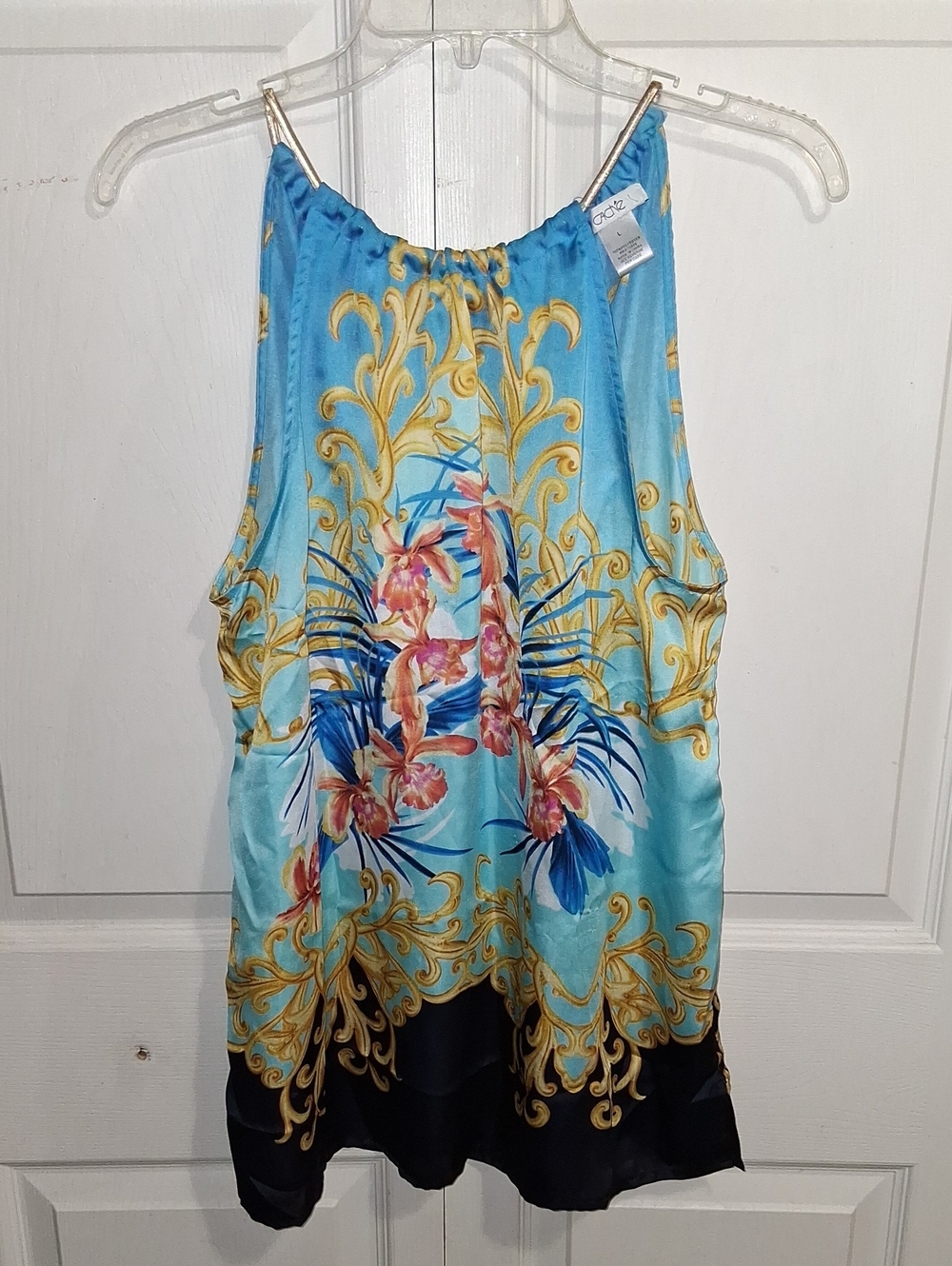 Vintage Cache Turquoise Floral Baroque Halter Cami Top - Gold Chain - L